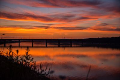 Scenic view of lake against orange sky