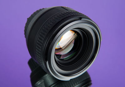 Close-up of lens over purple background