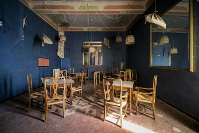 Empty chairs and tables in building