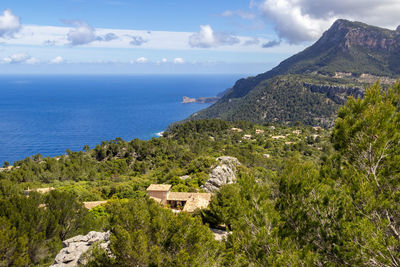 Scenic view at landscape around george sand from view point puig de la moneda, mallorca