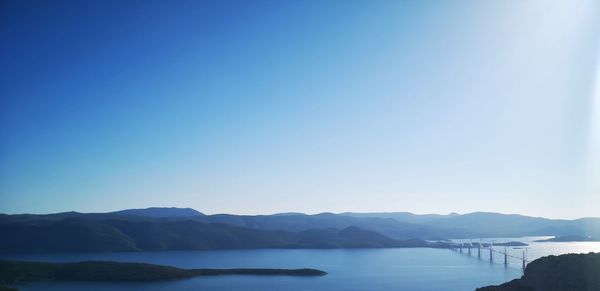 Scenic view of sea and mountains against clear blue sky