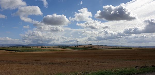 Scenic view of agricultural field against sky