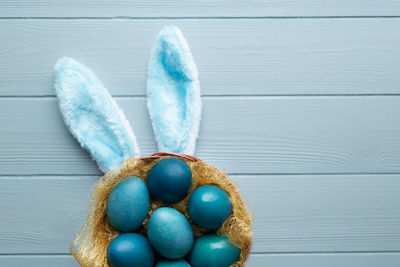 High angle view of eggs on table