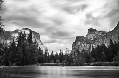 Scenic view of lake by trees against sky