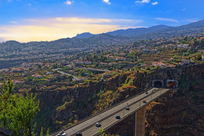 High angle view of city against sky