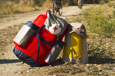 Bag on field during sunny day