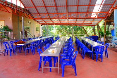 Empty chairs and tables in restaurant