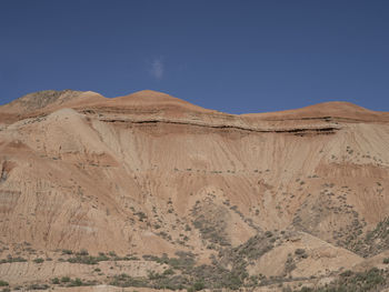 Scenic view of desert against clear blue sky