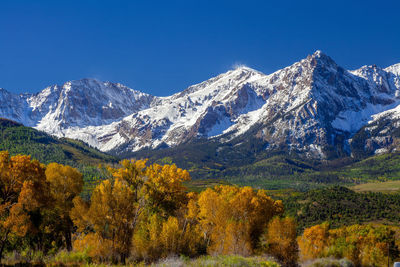 Scenic view of snowcapped mountains against clear sky