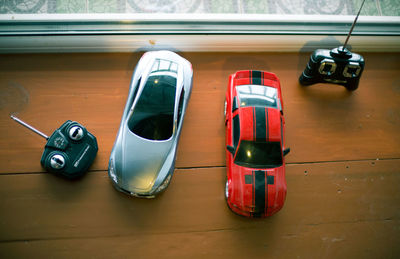 High angle view of vintage car on table