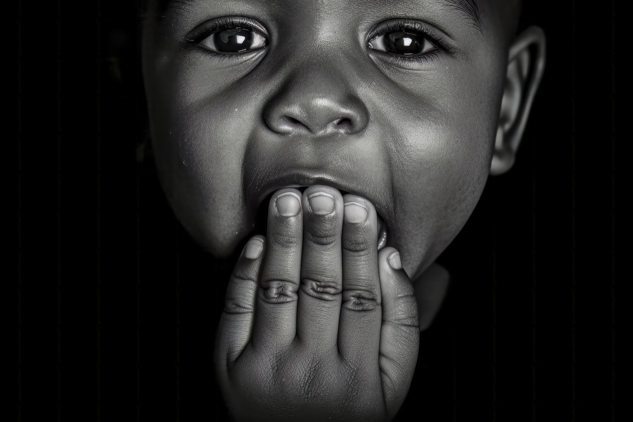 one person, human face, portrait, black and white, black, childhood, child, close-up, person, human head, indoors, monochrome photography, headshot, monochrome, hand, human mouth, emotion, nose, black background, toddler, men, baby, studio shot, looking at camera, smiling, facial expression, finger, fear