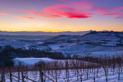 Scenic view of snowcapped landscape against sky during sunset