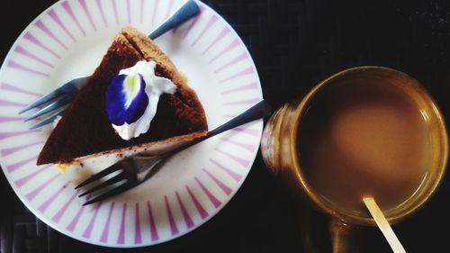 High angle view of cake in plate on table