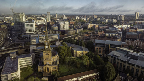 High angle view of buildings in city
