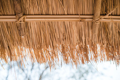 Low angle view of thatched roof against sky