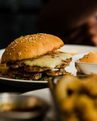 Close-up of burger on table