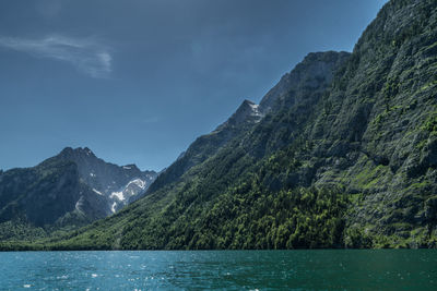 Scenic view of lake by mountains against sky