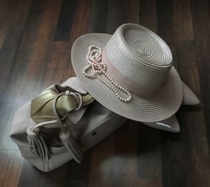 High angle view of hat on table