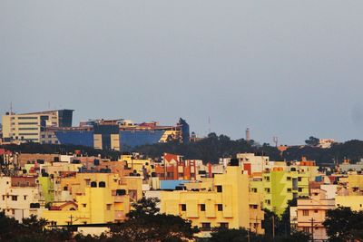 High angle view of buildings against sky