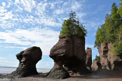 Low angle view of rock formation in sea against sky