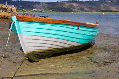 Boat moored on beach