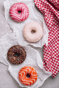 High angle view of donuts on table