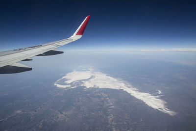 Aerial view of airplane wing