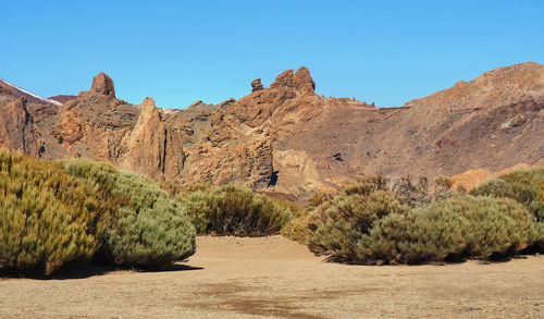 Scenic view of rocky mountains against clear sky