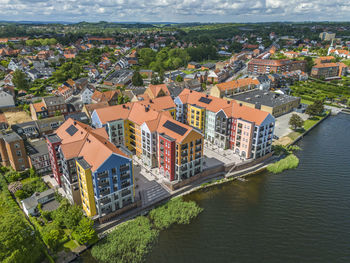 Aerial photo of lille nyhavn in sunshine, skanderborg, denmark
