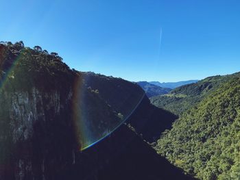 Scenic view of mountains against clear blue sky