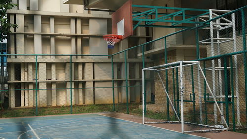 View of swimming pool by building