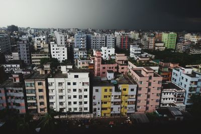 High angle view of buildings in city against clear sky