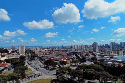 High angle view of buildings against sky