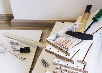 High angle view of pencils on table