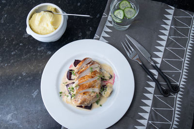 High angle view of breakfast served on table