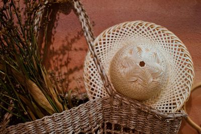 Close-up of animal skull in basket