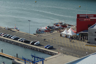 High angle view of road by sea