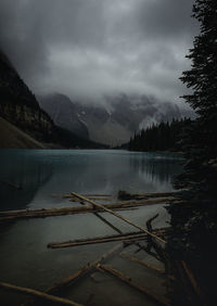 Scenic view of lake by mountains against sky