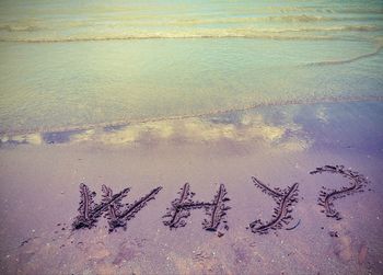 High angle view of text on beach