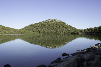 Scenic view of lake against clear blue sky