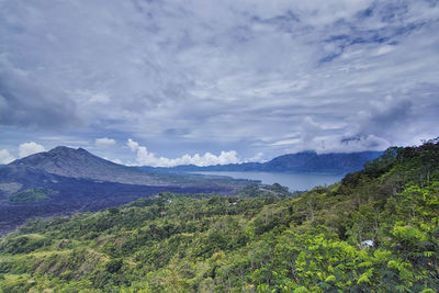 Wide nature shot of mount batur which is also one of volcano in bali, indonesia.