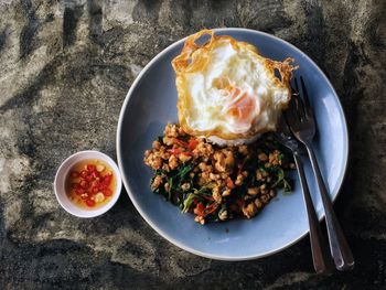 High angle view of breakfast served on table