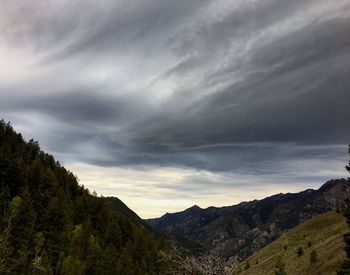 Scenic view of mountains against cloudy sky