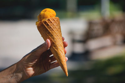 Close-up of hand holding ice cream