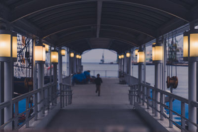 Rear view of person running on bridge