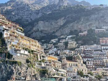 Positano in the early morning, as viewed from a yacht off the coast in the mediterranean. 