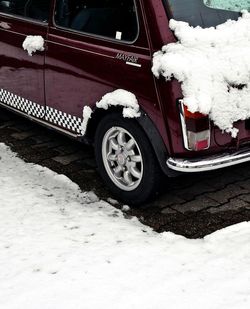 Close-up of car parked on snow