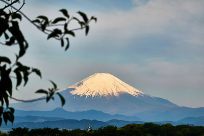 Scenic view of snowcapped mountain against cloudy sky