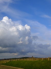 Scenic view of grassy field against cloudy sky