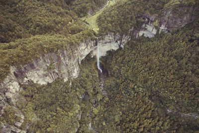 High angle view of waterfall in forest